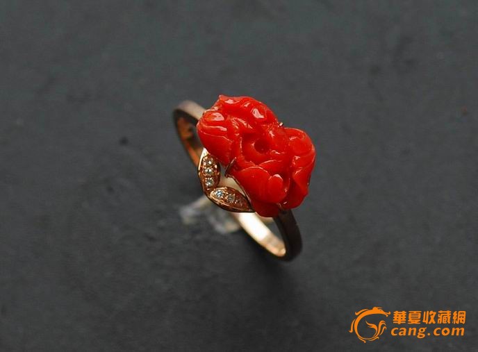 真正AKA红珊瑚牡丹配钻石18K玫瑰金戒指,带