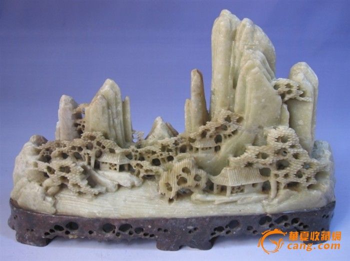 民国至建国初期寿山石精雕山水楼阁人物山子摆