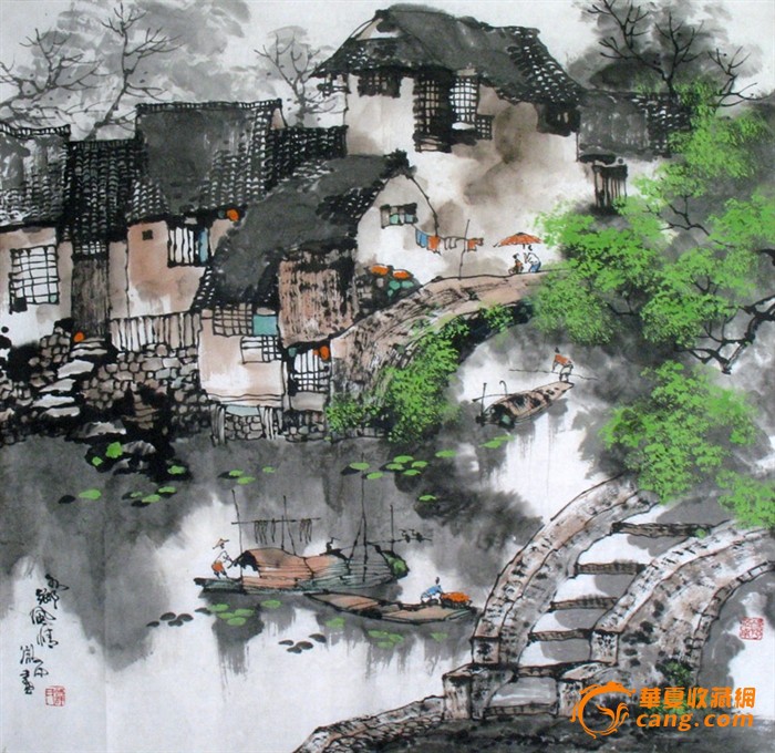 谭微中精品原创彩墨山水国画四尺斗方水乡风情