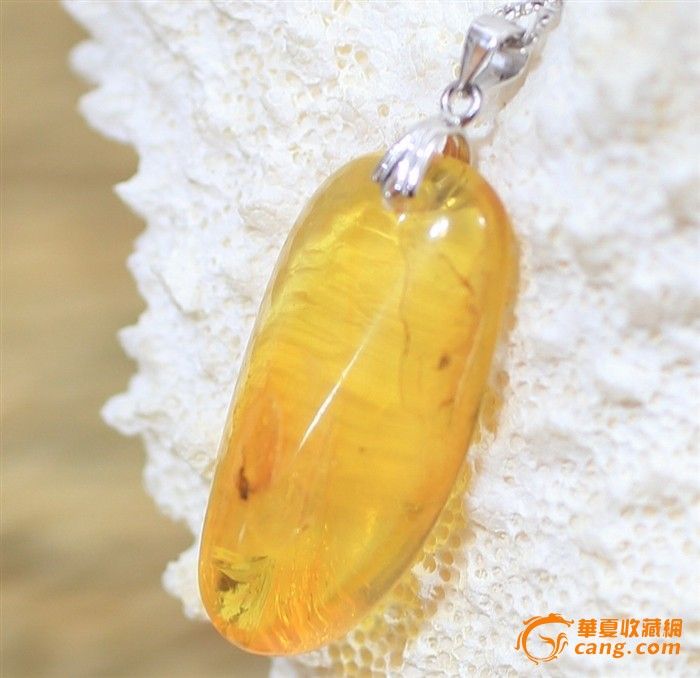 天然金黄色带虫琥珀吊坠